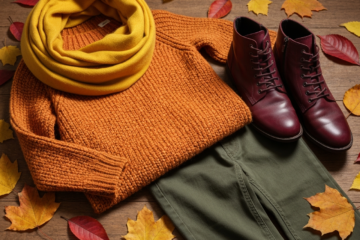 Jesienna stylizacja z pomarańczowym swetrem, żółtym szalikiem, zielonymi spodniami i bordowymi butami na drewnie