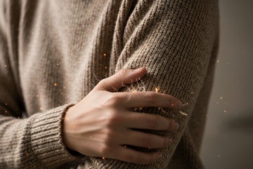 Osoba w wełnianym swetrze z widocznymi iskrami statycznego elektryczności między palcami a tkaniną.