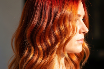 Kobieta z długimi falowanymi włosami w odcieniach czerwieni na tle naturalnego światła