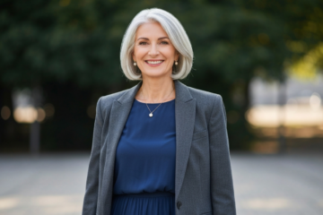 Doświadczona kobieta w średnim wieku z siwymi włosami w modnym stroju na tle naturalnego światła.