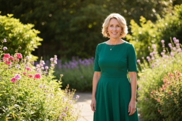Kobieta w średnim wieku w sukience stojąca w ogrodzie, uśmiechnięta, naturalne światło, ostrość na twarzy