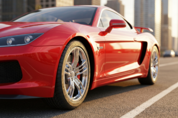 Nowoczesny sportowy samochód zaparkowany przy ulicy miasta oświetlonej złotą godziną.