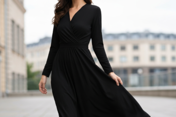 Kobieta w eleganckiej czarnej sukni stoi pewnie na tle rozmytego miejskiego krajobrazu.