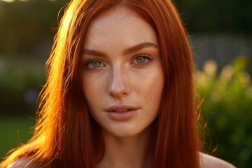 Portret młodej kobiety z naturalnym rudym włosami i zielonymi oczami w ciepłym świetle poranka.