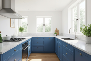 Nowoczesna kuchnia z niebieskimi szafkami, marmurowymi blatami, dużymi oknami i drewnianą podłogą.