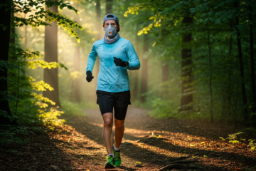Mężczyzna biegnie po lesie w ochronnej maseczce