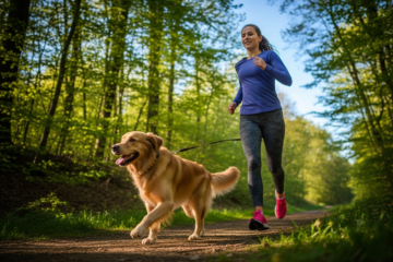 Kobieta biegnie z psem przez las
