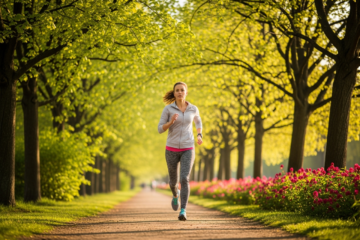 Młoda kobieta biegnie przez park w ciepły wiosenny dzień