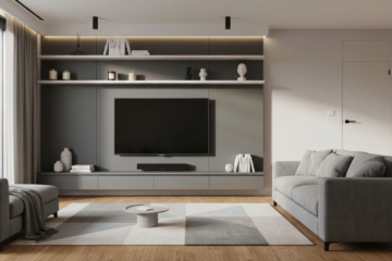 Nowoczesny salon z dużym telewizorem na ścianie, minimalistycznymi półkami i drewnianą podłogą.